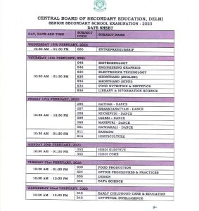 CBSE 12th Time Table 2023 Download PDF